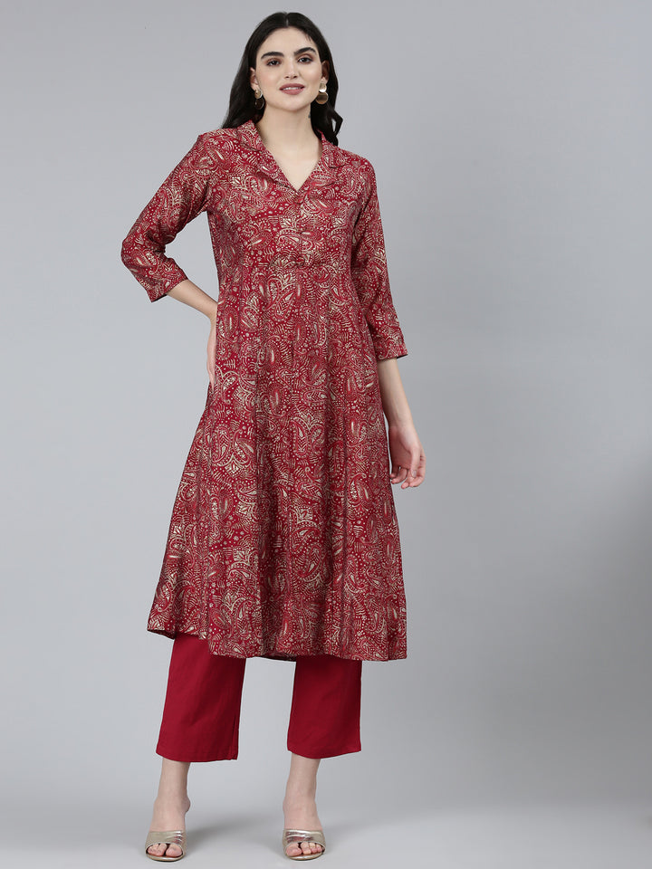 Neerus Maroon printed paisley kurta set with trouser - front view