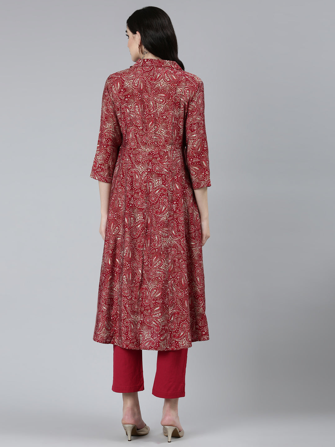 Neerus Maroon printed paisley kurta set with trouser - side view