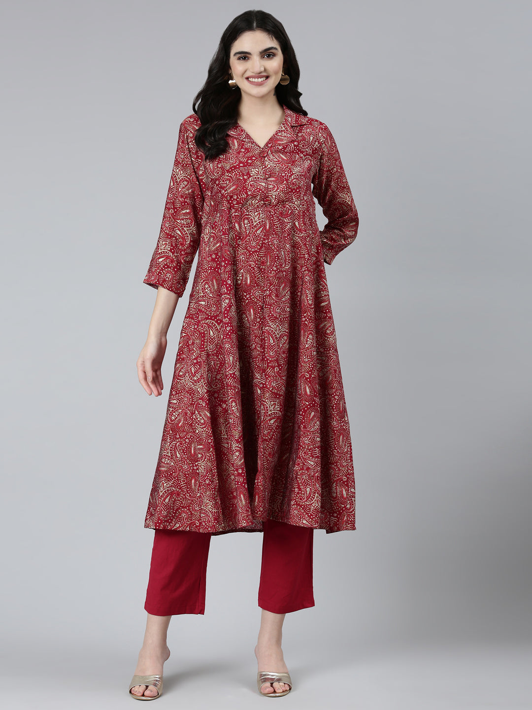 Neerus Maroon printed paisley kurta set with trouser - detail view 2