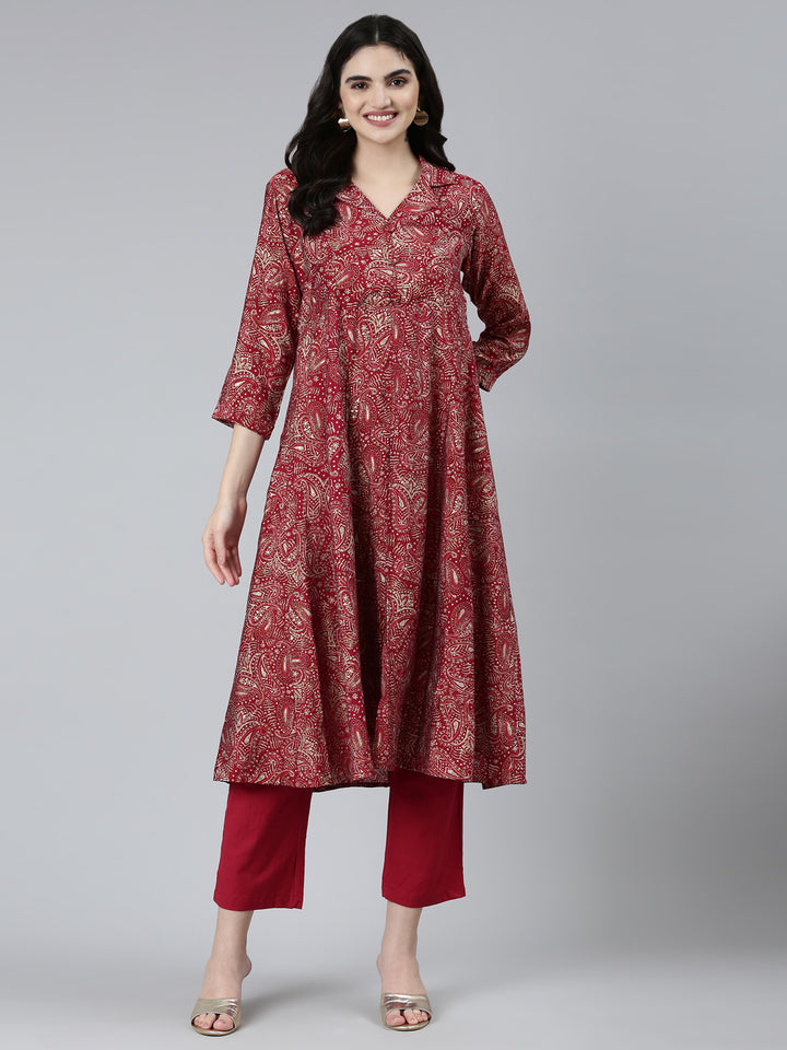 Neerus Maroon printed paisley kurta set with trouser - detail view 2