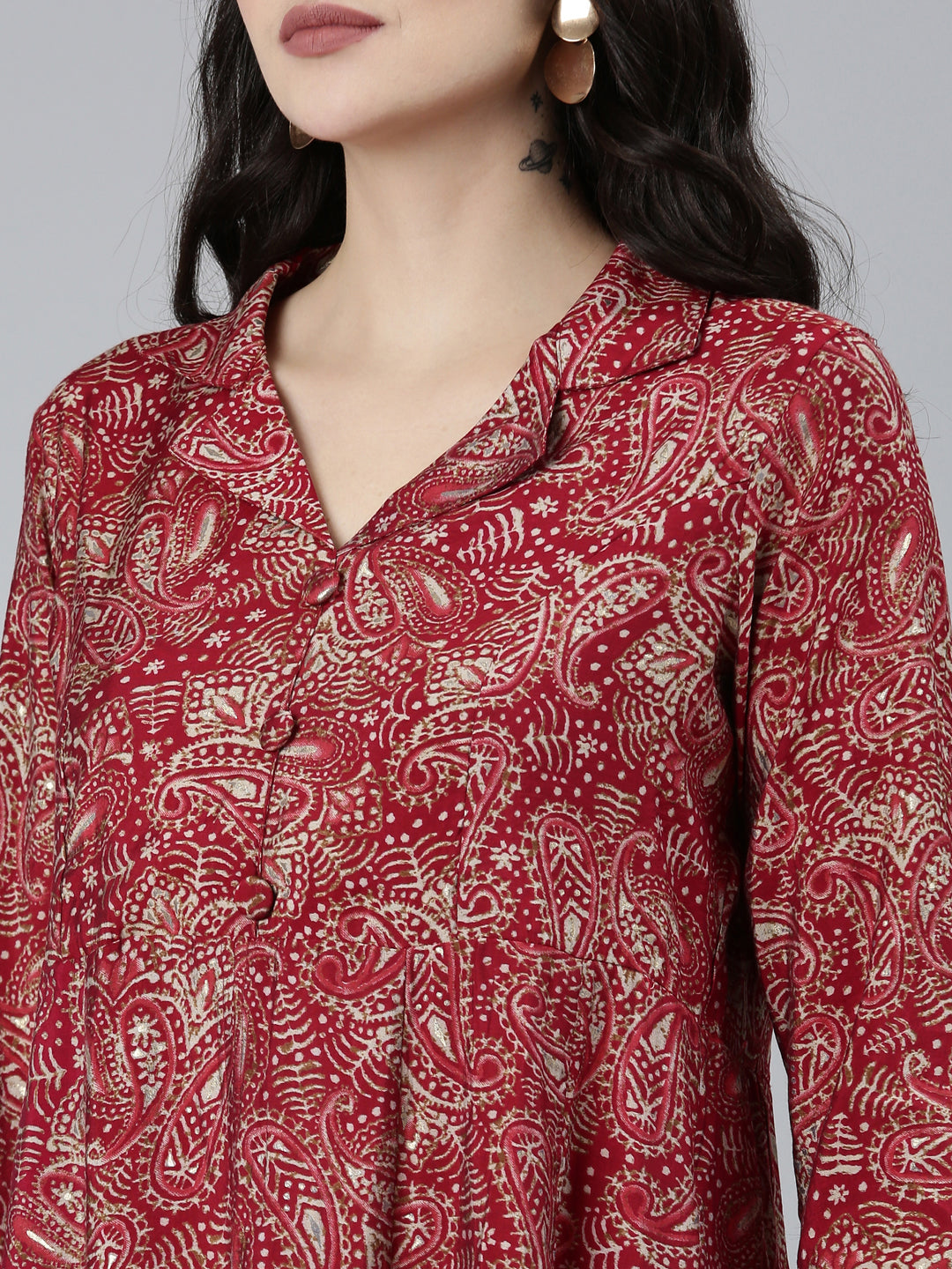 Neerus Maroon printed paisley kurta set with trouser - detail view 1