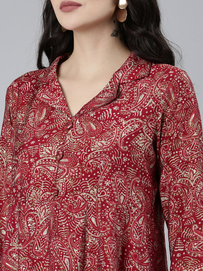 Neeru's Maroon Regular Straight Paisley Kurta Sets And Trousers