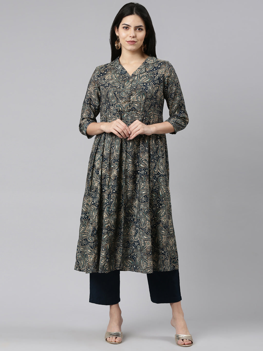 Neerus Green printed straight kurta set with trouser - front view