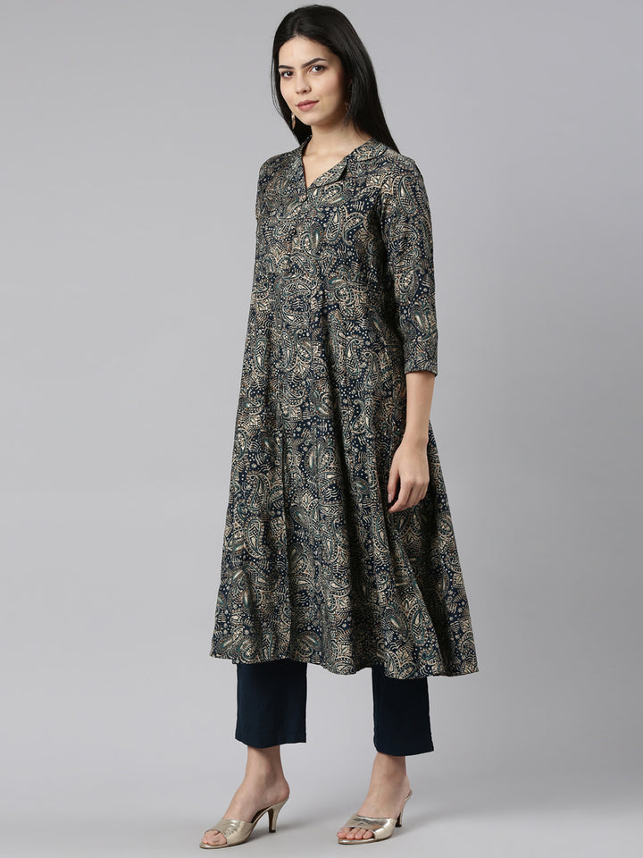 Neerus Green printed straight kurta set with trouser - back view