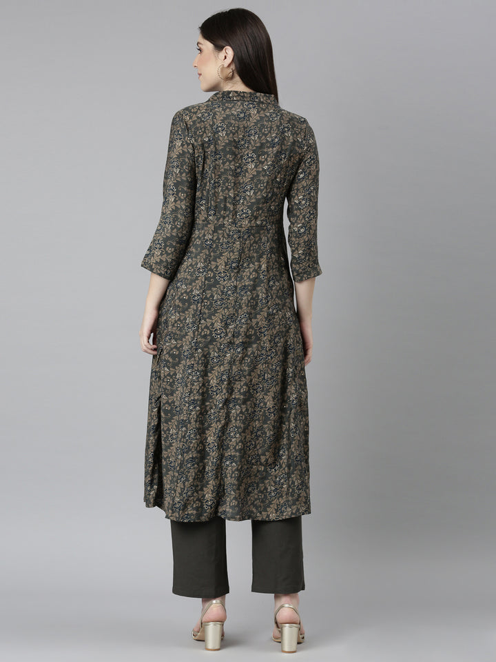 Neerus Grey printed floral kurta set with trousers - side view