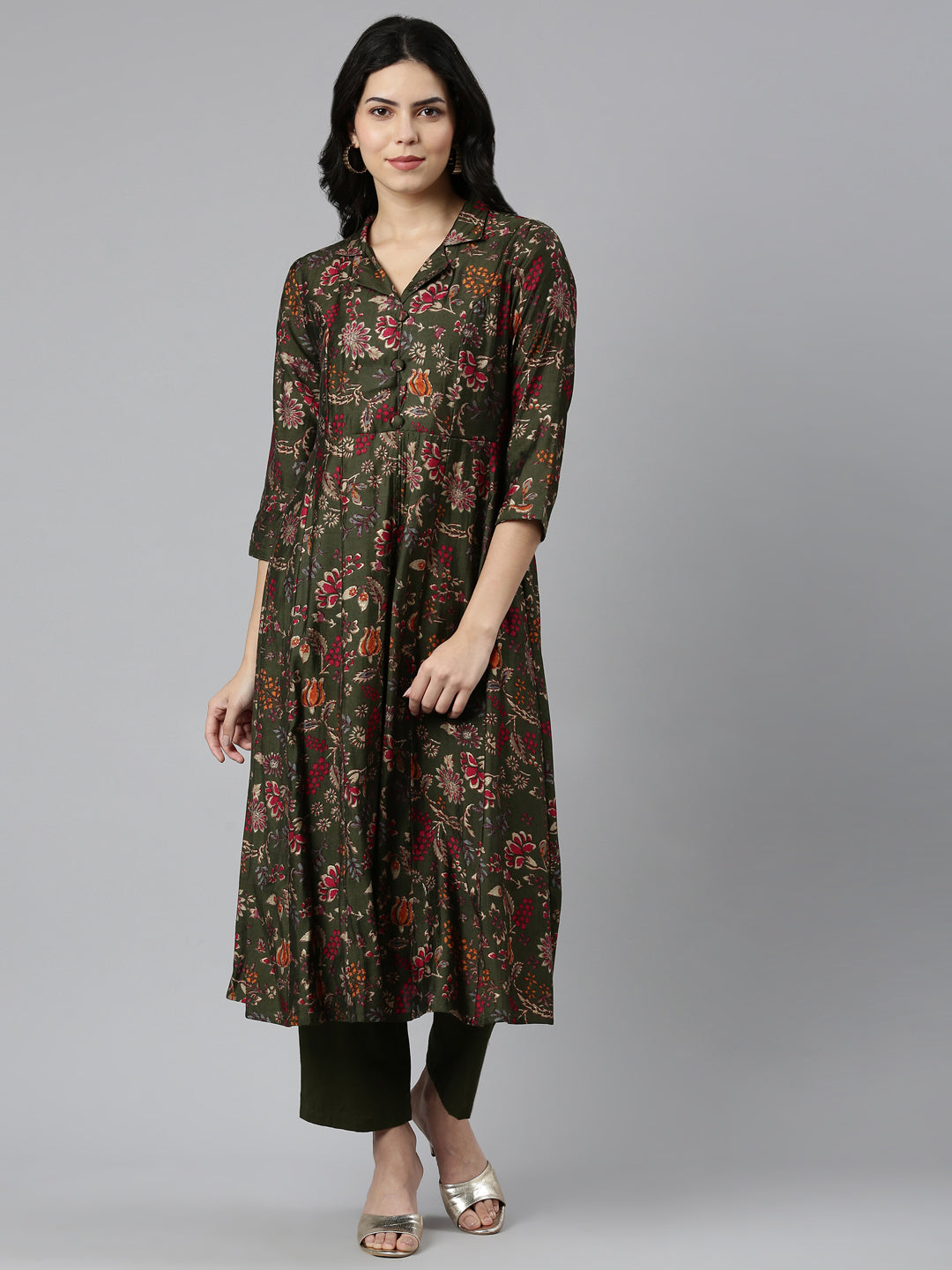 Neerus Green printed straight kurta set - front view