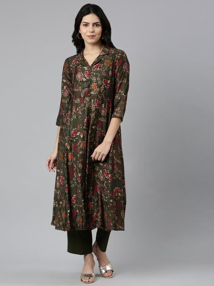 Neerus Green printed straight kurta set - front view
