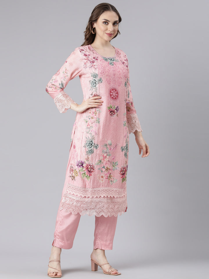 Neerus Pink Muslin Straight Casual Floral Kurta and Trouser with Dupatta