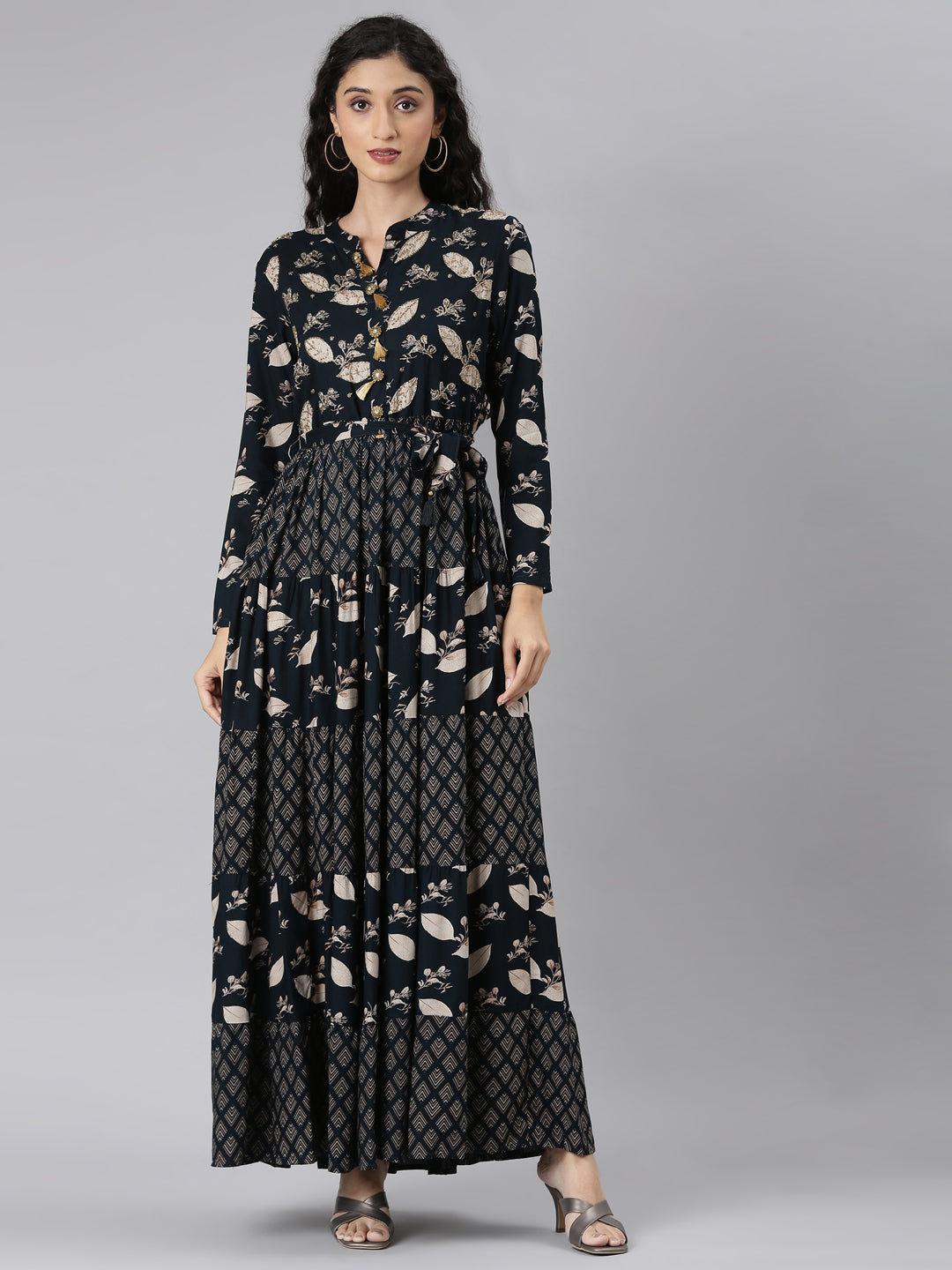 black blue white gold dress explained Neerus Blue Floral Printed Rayon Maxi Dress for Casual Women – Neerus India