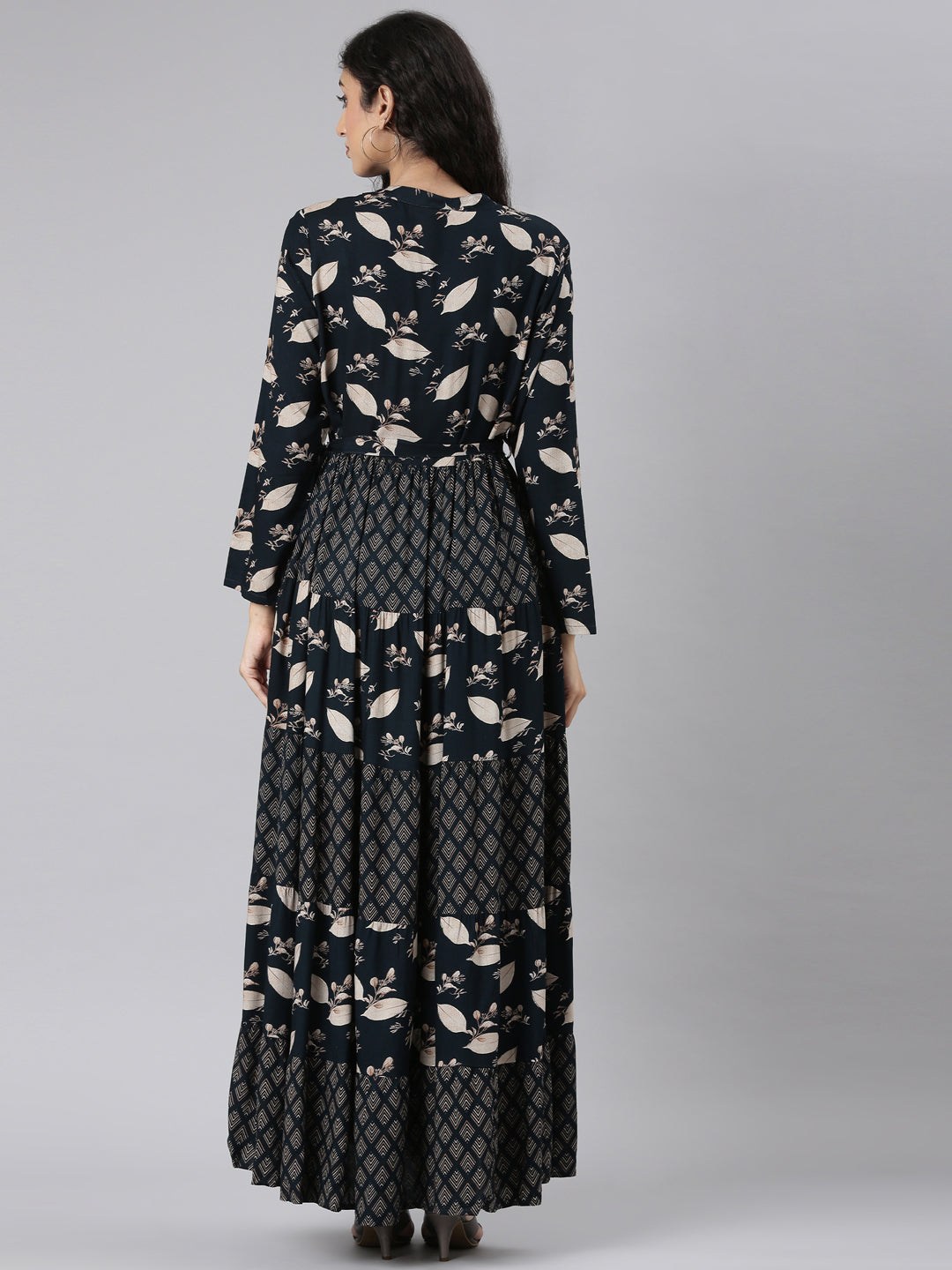 Neerus Navy Blue Curved Casual Floral Maxi Dresses - Main Image