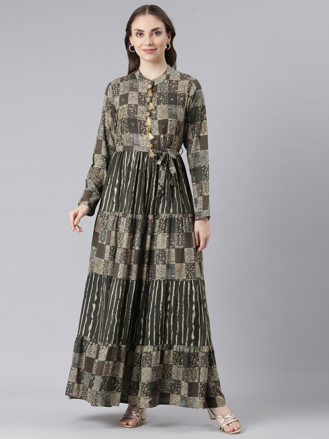 Neerus Olive Viscose Rayon Curved Casual Geometric Maxi Dresses.