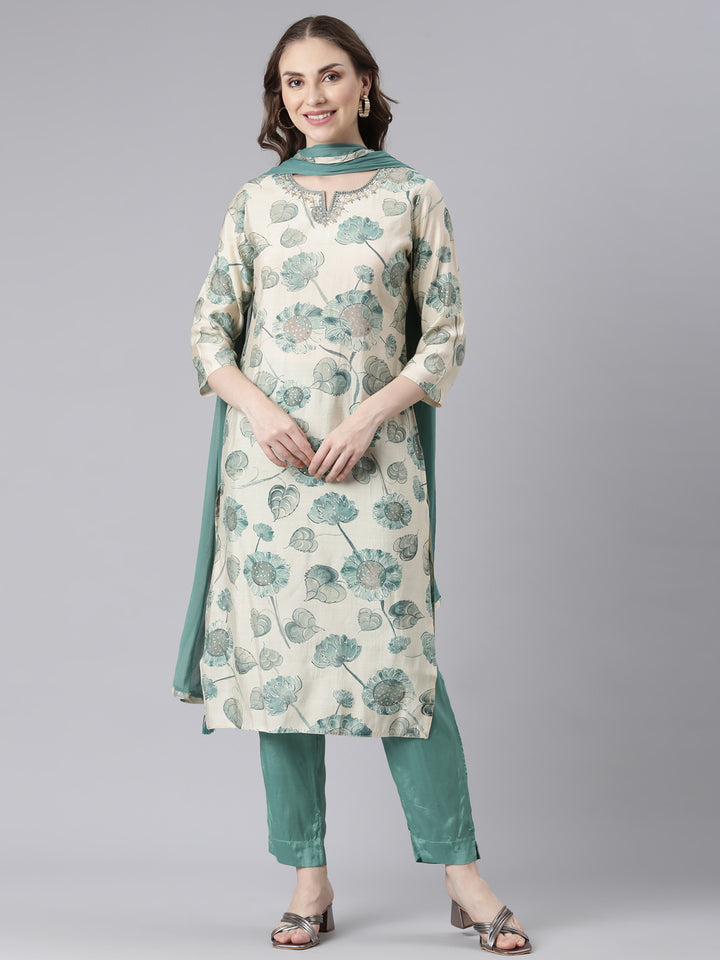 Neerus Green Muslin Straight Casual Floral Kurta and Trouser with Dupatta