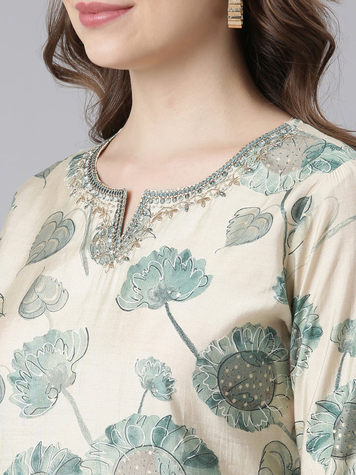 Neerus Green Muslin Straight Casual Floral Kurta and Trouser with Dupatta