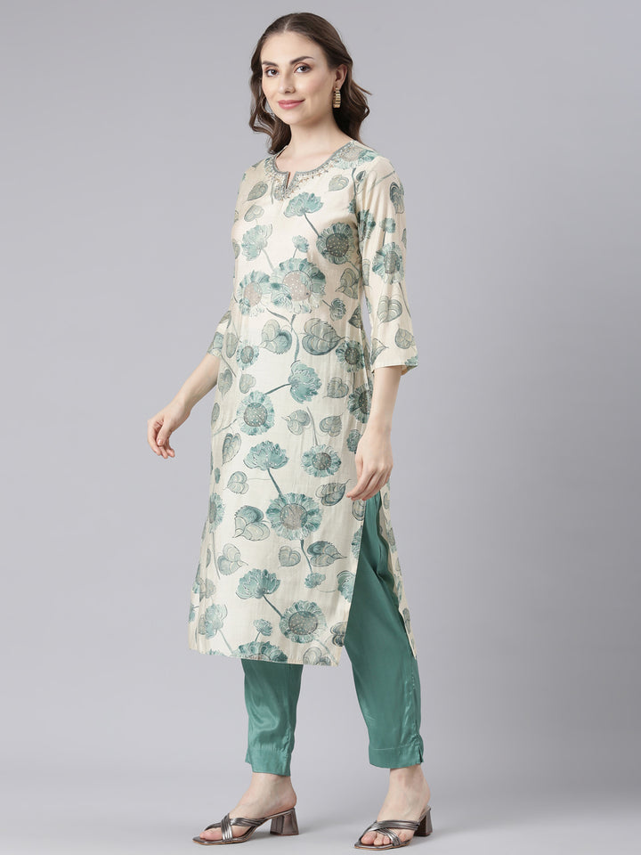 Neerus Green Muslin Straight Casual Floral Kurta and Trouser with Dupatta