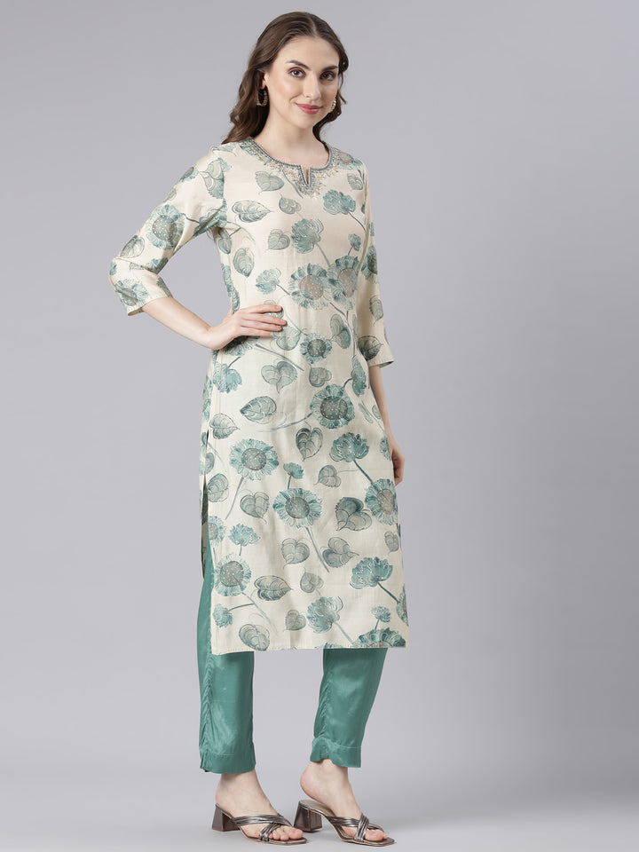 Neerus Green Muslin Straight Casual Floral Kurta and Trouser with Dupatta