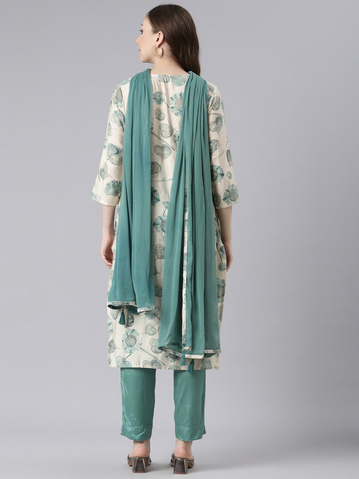 Neerus Green Muslin Straight Casual Floral Kurta and Trouser with Dupatta