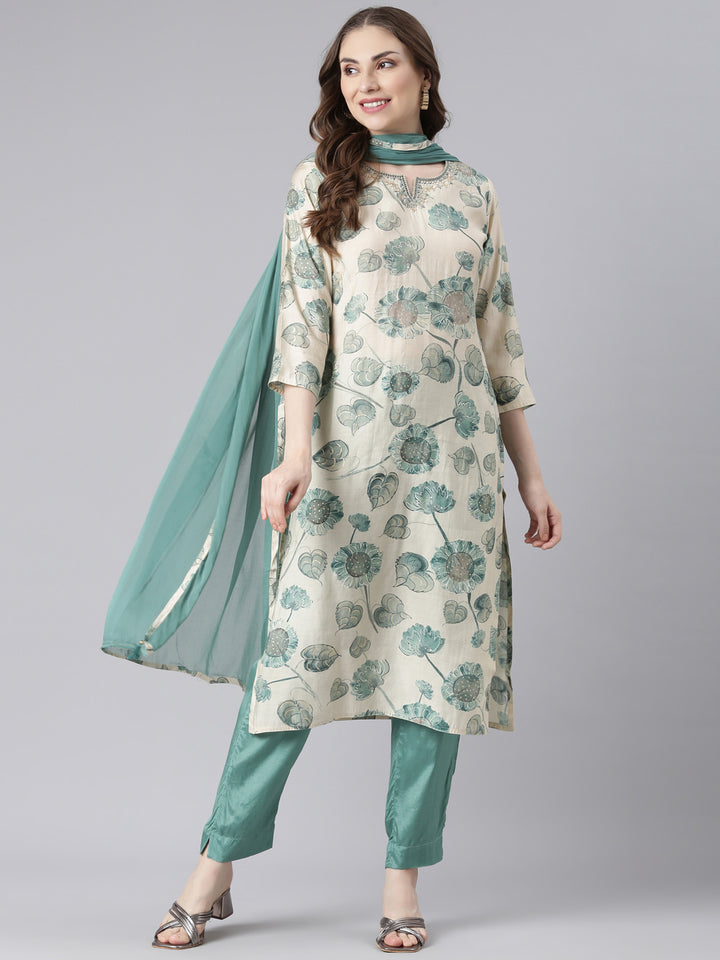 Neerus Green Muslin Straight Casual Floral Kurta and Trouser with Dupatta