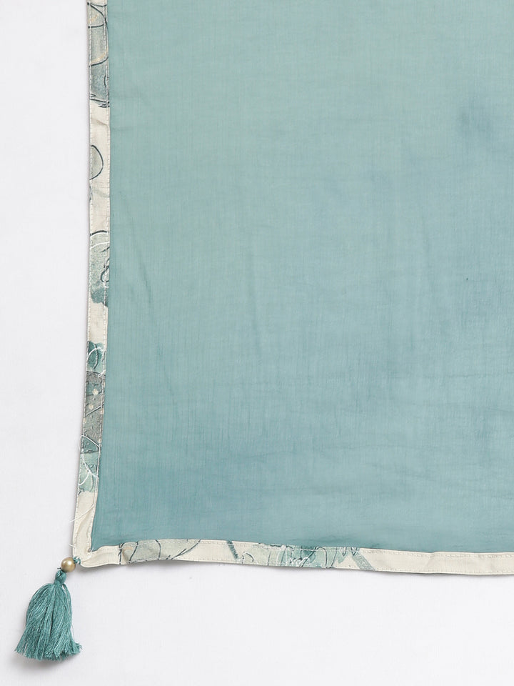 Neerus Green Muslin Straight Casual Floral Kurta and Trouser with Dupatta