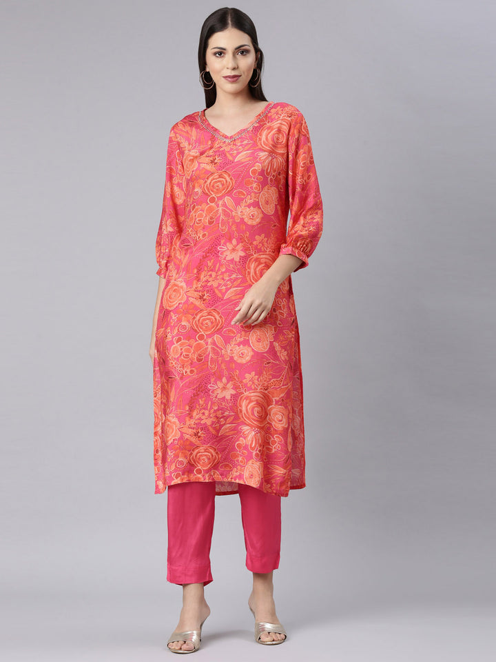 Neerus Red muslin printed kurta set - front view