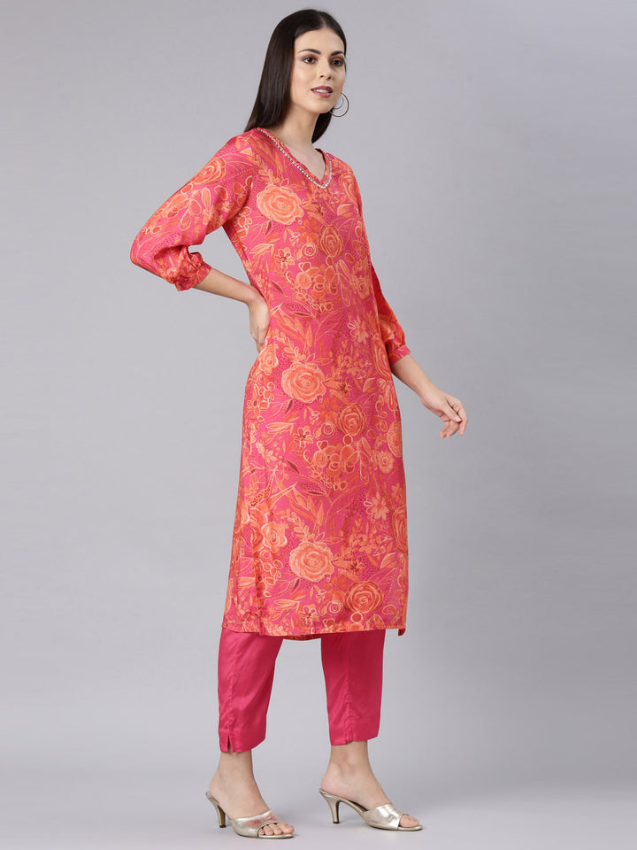 Neerus Red muslin printed kurta set - side view