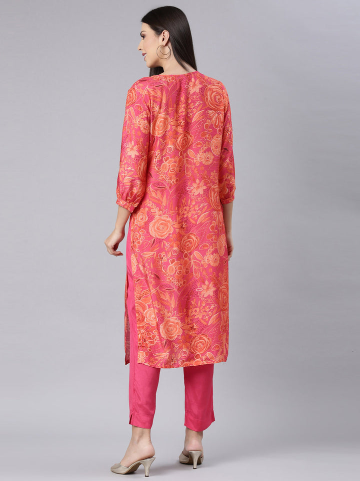 Neerus Red muslin printed kurta set - detail view 1