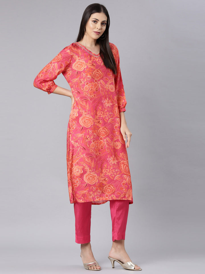 Neerus Red muslin printed kurta set - detail view 3