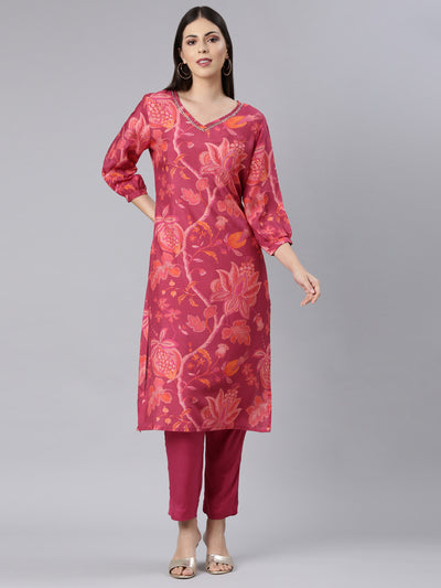 Neerus Magenta Casual Floral Straight Kurta and Trouser