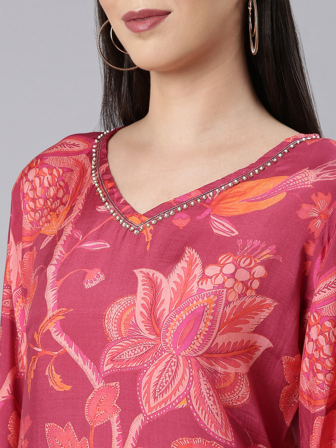 Neerus Pink muslin printed kurta set with trouser - detail view 2