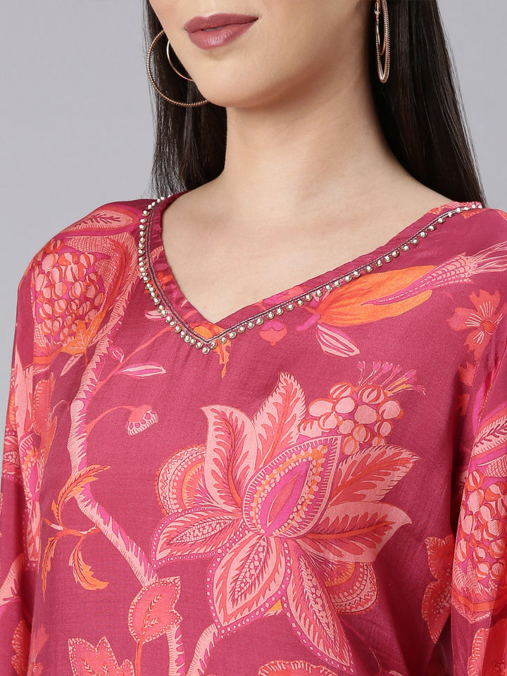 Neerus Pink muslin printed kurta set with trouser - detail view 2