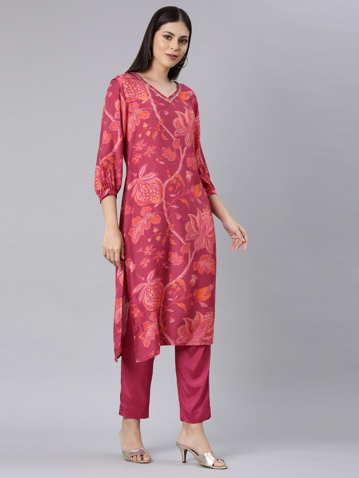 Neerus Pink muslin printed kurta set with trouser - side view