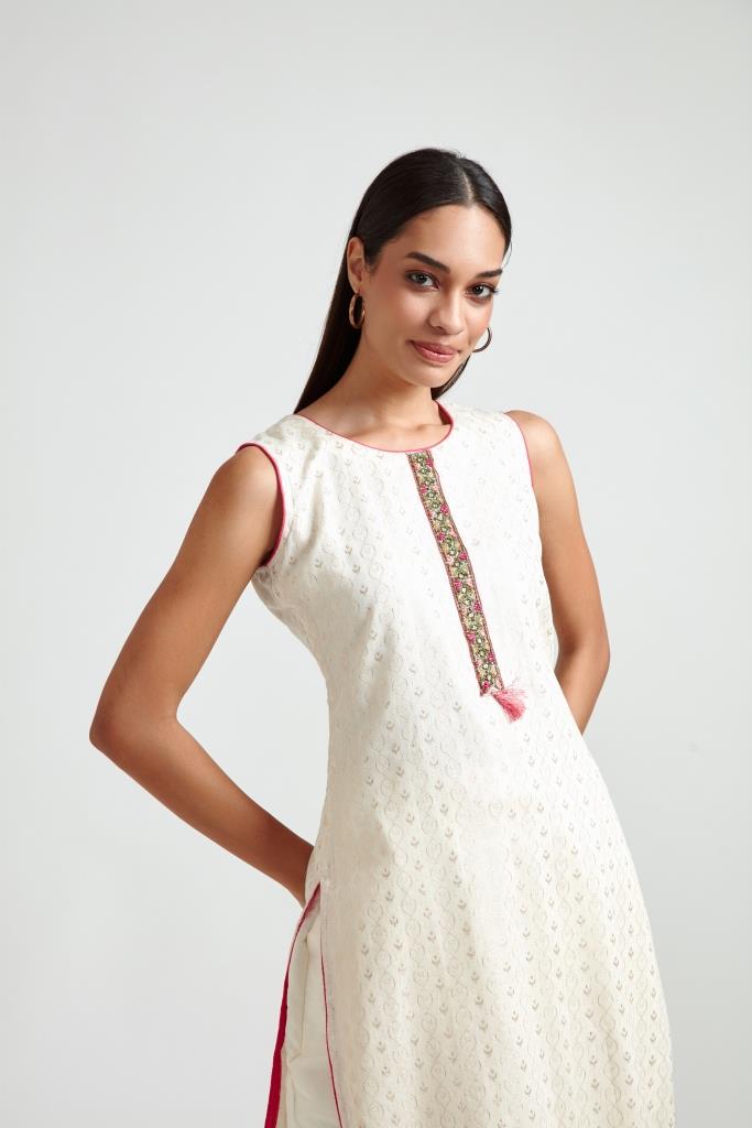 Neerus Beige printed ethnic suit set with dupatta - detail view 2