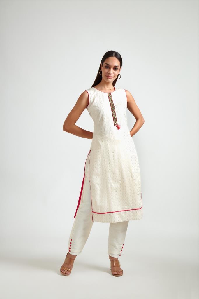 Neerus Beige printed ethnic suit set with dupatta - side view