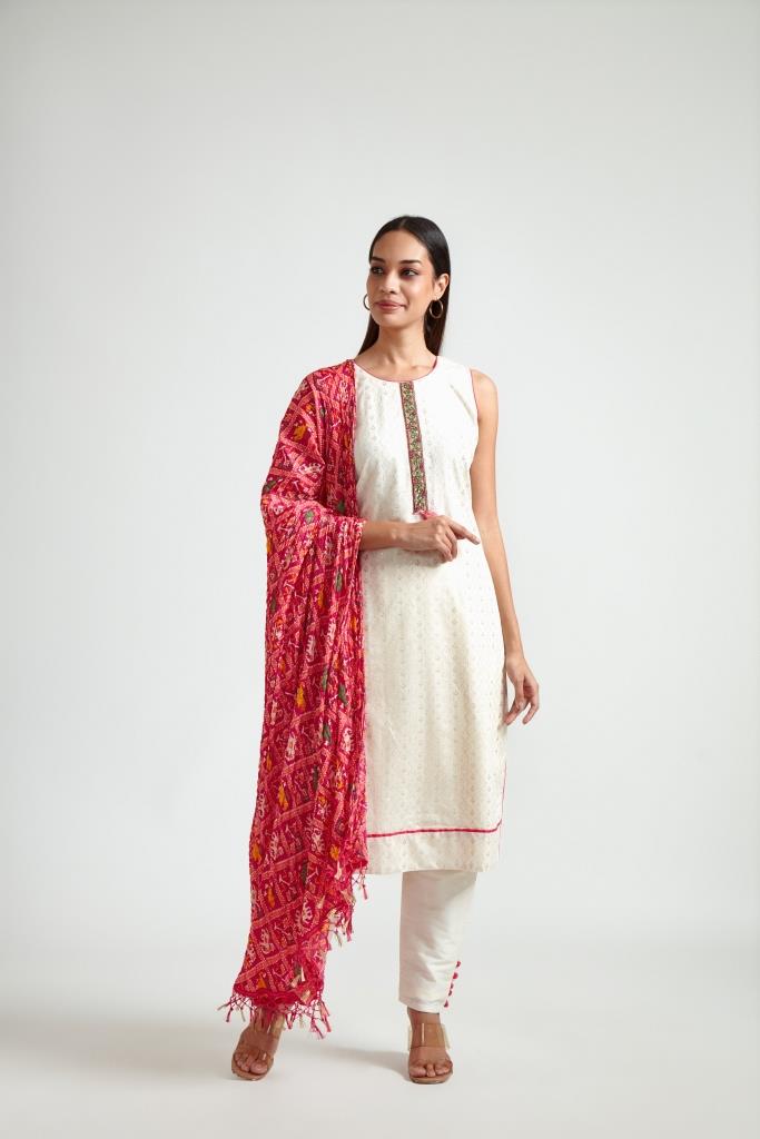 Neerus Beige printed ethnic suit set with dupatta - front view
