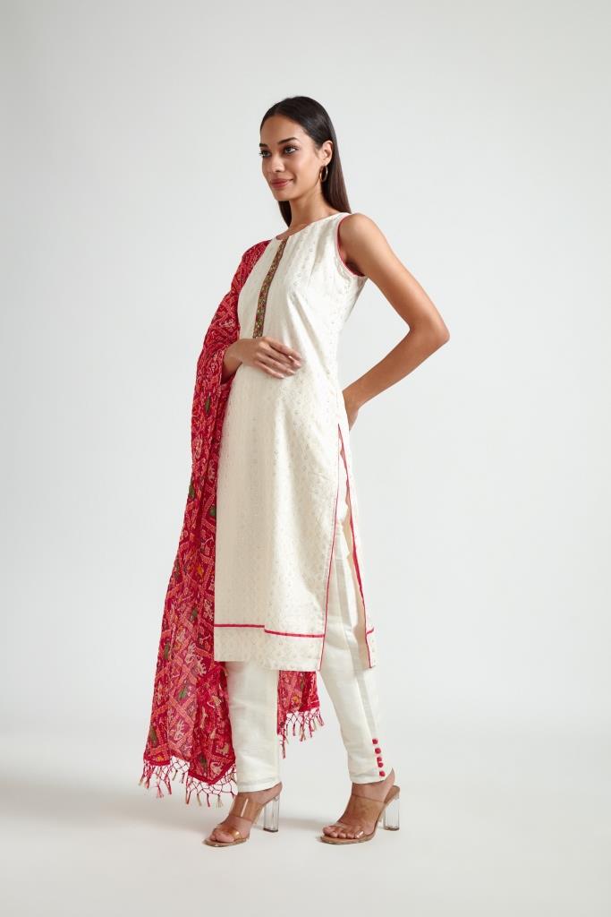 Neerus Beige printed ethnic suit set with dupatta - back view