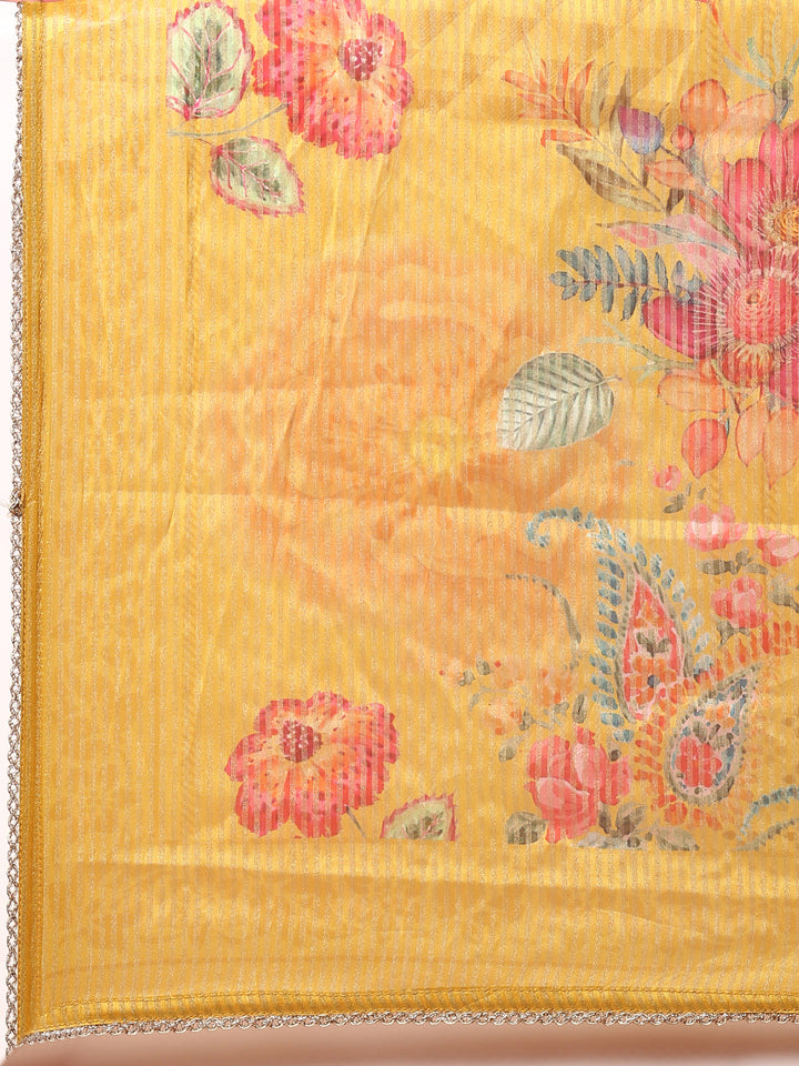 Mustard Floral printed crepe three piece suit set