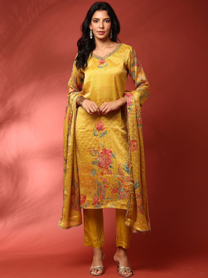 Mustard Floral printed crepe three piece suit set