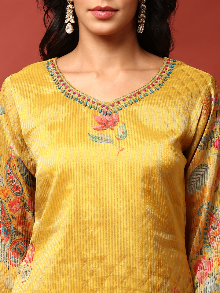 Mustard Floral printed crepe three piece suit set