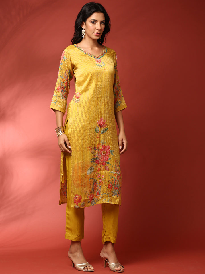 Mustard Floral printed crepe three piece suit set