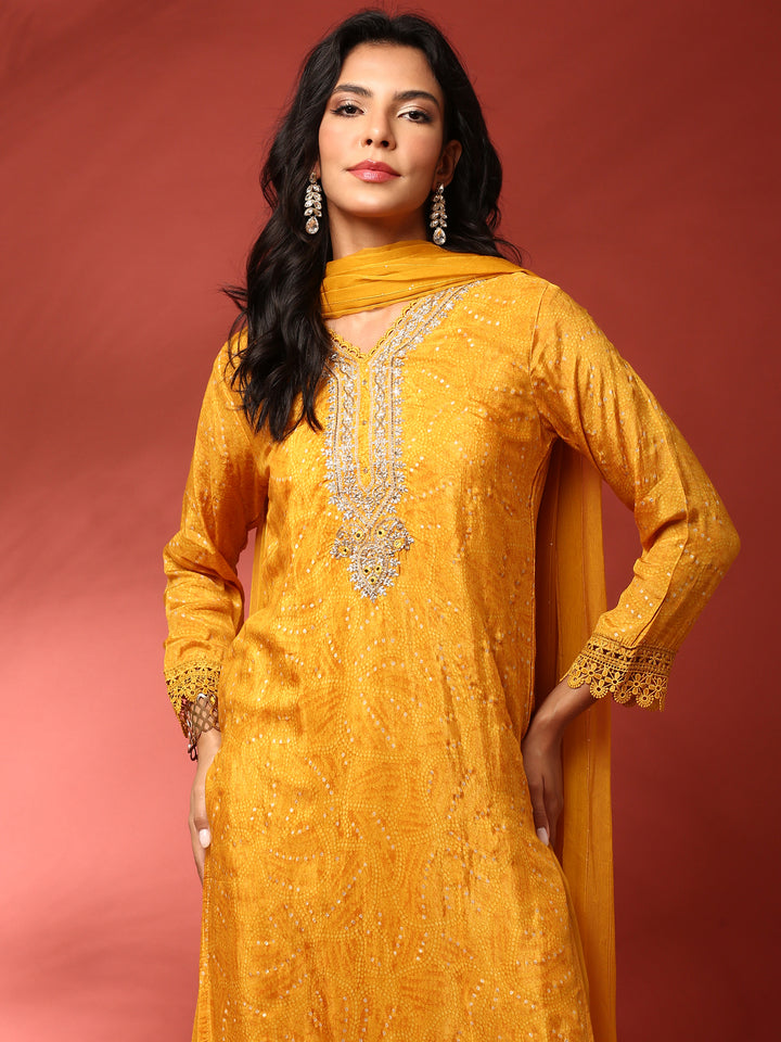 Mustard Muslin Straight three piece hand embroidered suit set
