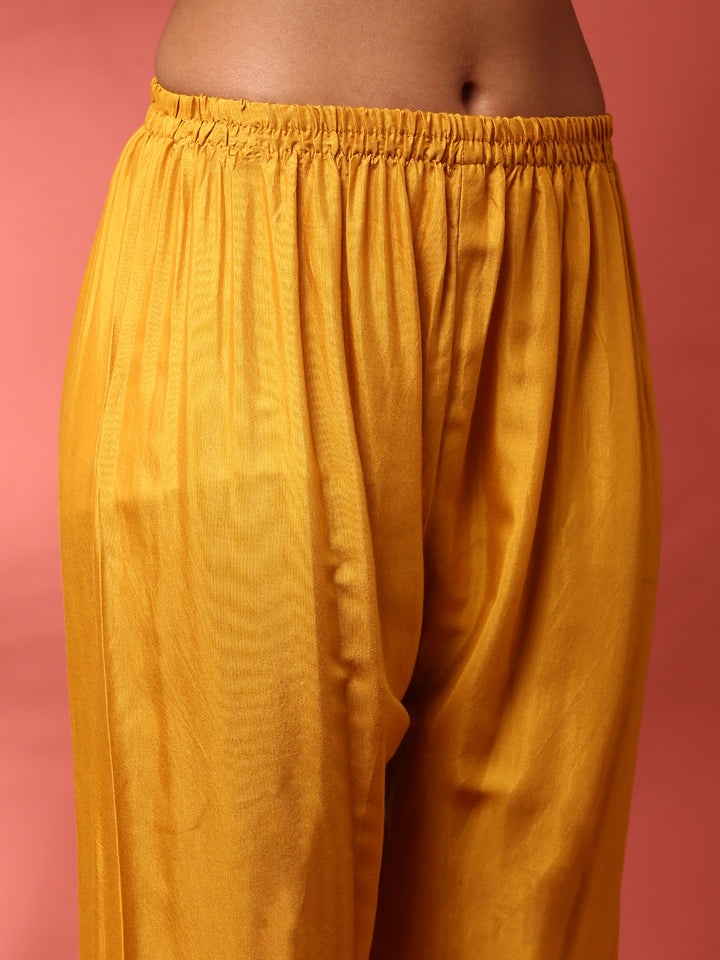 Mustard Muslin Straight three piece hand embroidered suit set