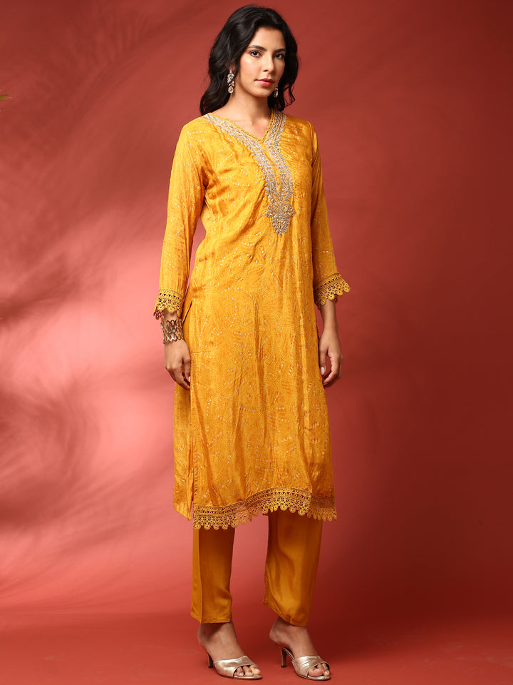 Mustard Muslin Straight three piece hand embroidered suit set