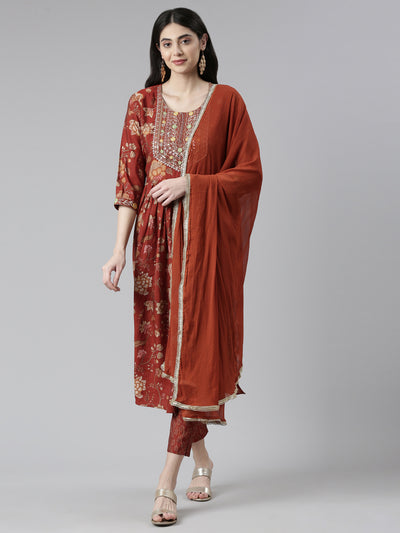 Neerus Floral Printed Pleated Mirror Work Kurta With Trousers & Dupatta