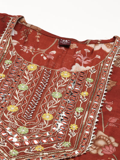 Neerus Floral Printed Pleated Mirror Work Kurta With Trousers & Dupatta