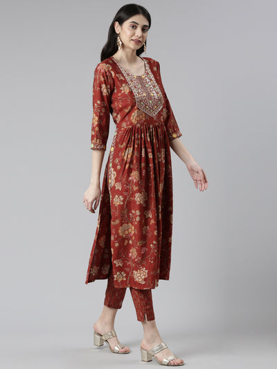 Neerus Floral Printed Pleated Mirror Work Kurta With Trousers & Dupatta