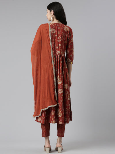 Neerus Floral Printed Pleated Mirror Work Kurta With Trousers & Dupatta