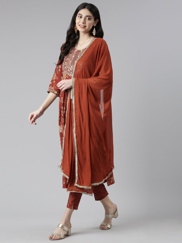 Neerus Multi floral mirror work pleated suit set - detail view 2
