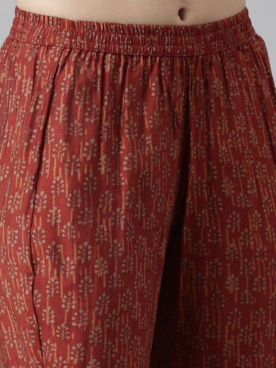 Neerus Floral Printed Pleated Mirror Work Kurta With Trousers & Dupatta