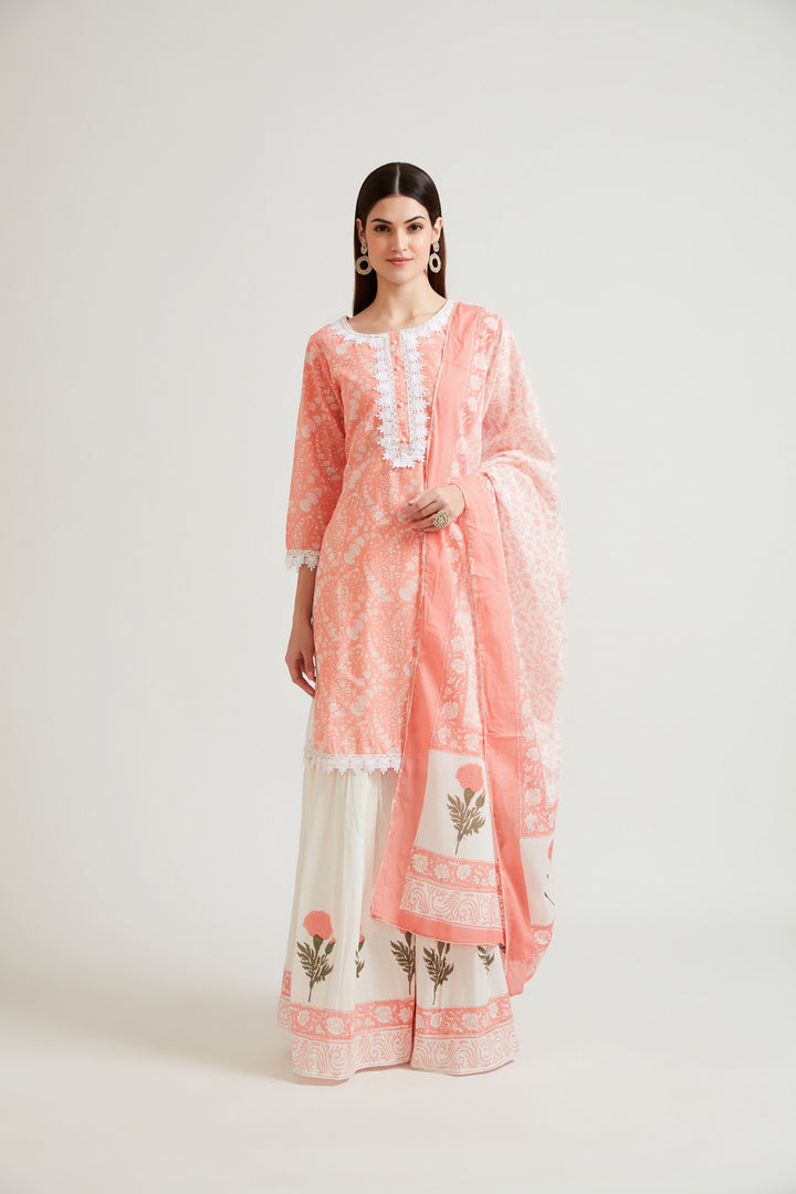 Neerus Women Coral Printed Kurti with Sharara With Dupatta