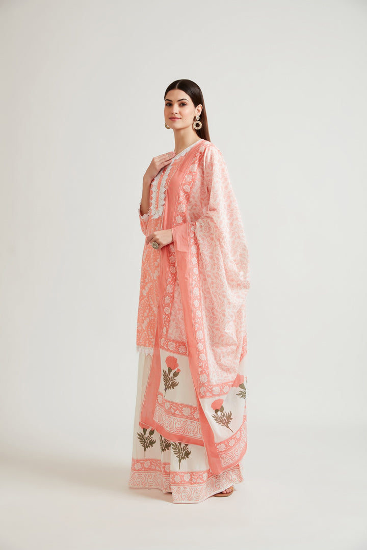 Neerus Women Coral Printed Kurti with Sharara With Dupatta