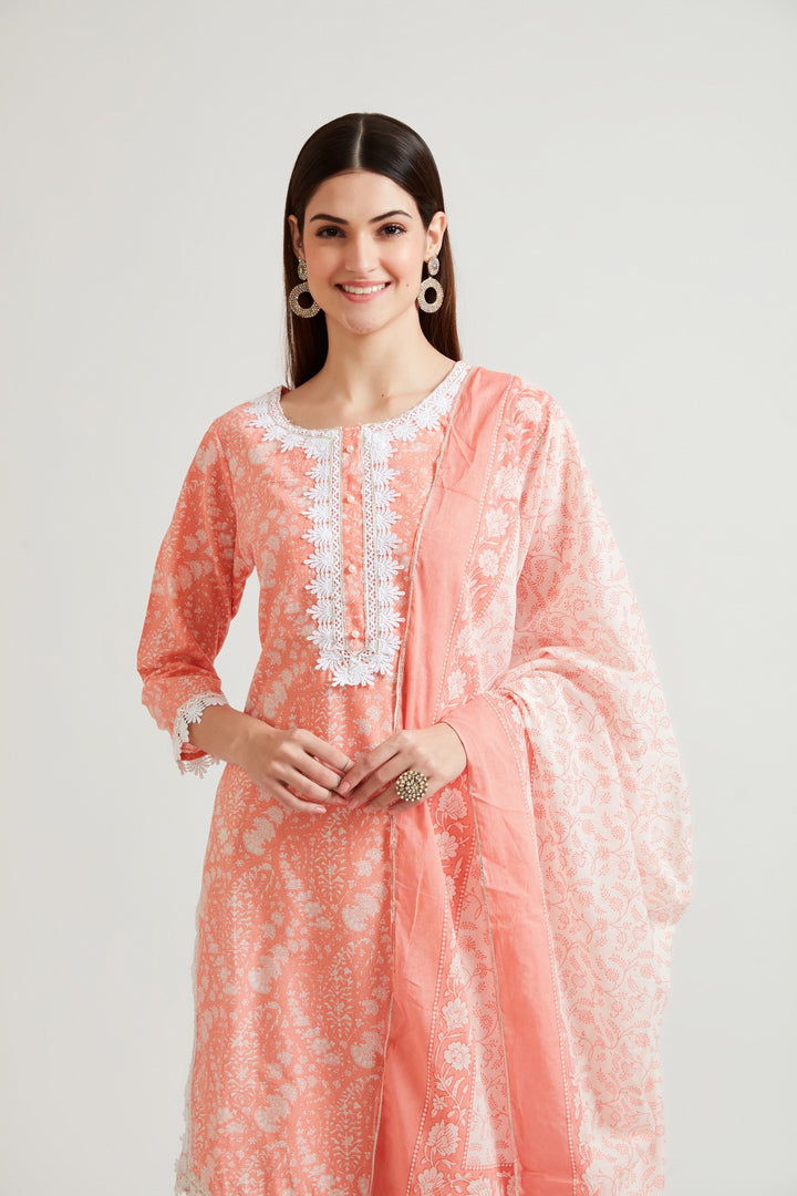 Neerus Women Coral Printed Kurti with Sharara With Dupatta